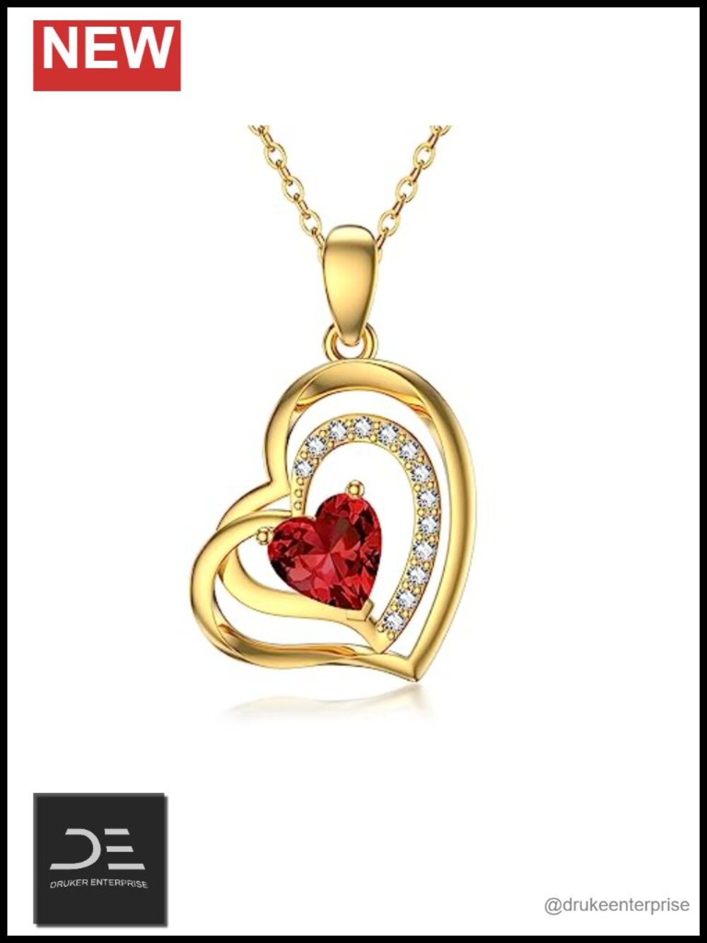 14k Gold Double Heart Pendant Necklace, 18 Inch Chain, Garnet & CZ Stones, Gift